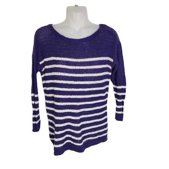 Ann Taylor Loft Womens Sweater Small Purple Ivory Striped Linen Blend Open Knit - Picture 1 of 10